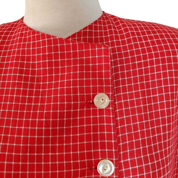 Evan Picone Red 80s Coat Dress Size 10 Asymmetrical Button Up Red Plaid - Picture 5 of 13